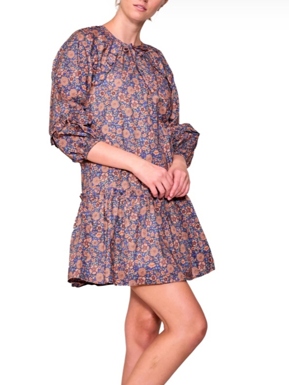 MELLODAY Blue Floral Ruffle Neck Blouse size large